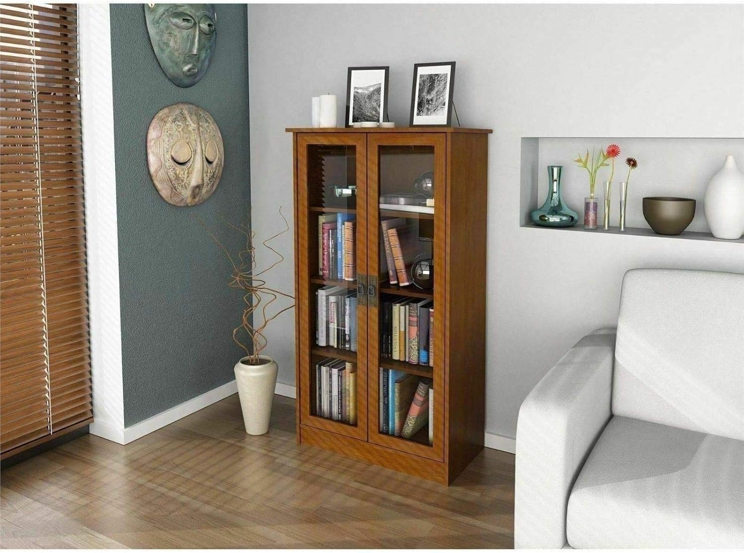 Cherry Finish Wooden Glass Door Bookcase Bookshelf Media Cabinet Display Storage 2 Adjustable Shelves Material: Glass, MDF, MDF/Chipboard Dimensions: 29.56 W x 15.63 W x 53.25 H inches