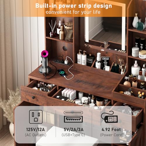 Farmhouse Vanity Desk w/Outlet & Stool, 11 Storage Shelves 3 Drawers 2 Big Cabinets, 43" White Vanity Table Make up Desk w/Mirror and Lights, Rustic LED Vanity Set for Women, Girls