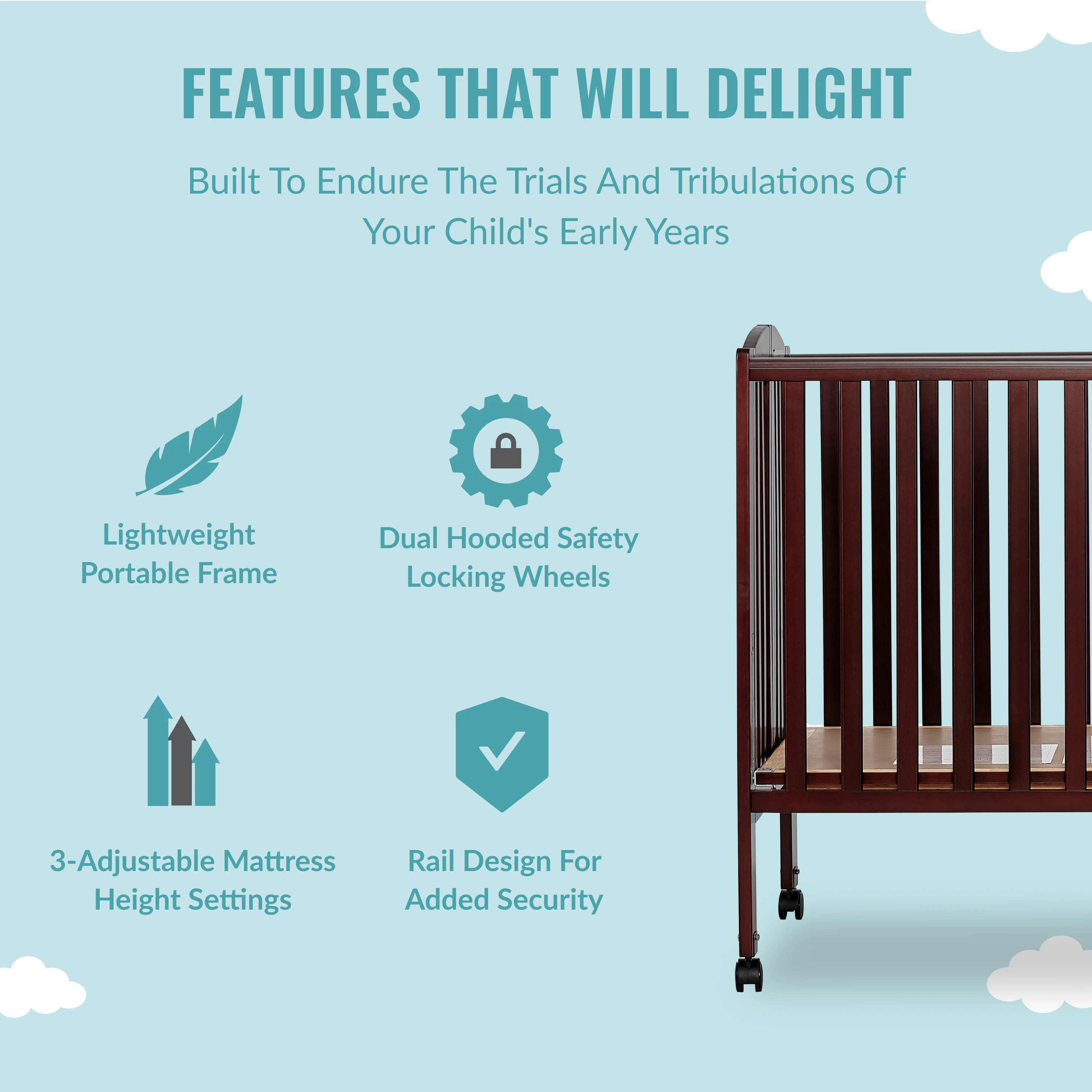 Dream On Me Full Size 2-in-1 Folding Stationary Side Crib, Locking Wheels, Espresso