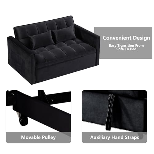 3 in 1 Convertible Sleeper Sofa Bed,Futon Loveseat Couch with Pull-Out Bed & Adjustable Backrest,Velvet Fabric Sofa with Side Pocket for Small Apartment, Living Room, Office (Black)
