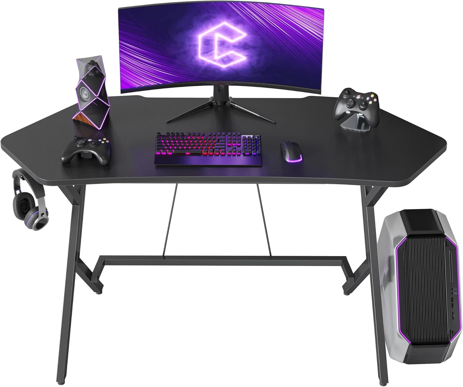 CubiCubi Luna Gaming Desk 47 inch Gamer Workstation, Home Computer Carbon Fiber Surface Gaming Desk PC Table with Cable Tray and Headphone Hook