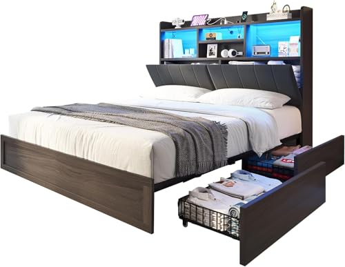 Full Farmhouse Bed Frame with Bookcase Headboard and 4 Drawers, LED Storage Bed with Charging Station & Linen Upholstered, No Box Spring Needed, Black
