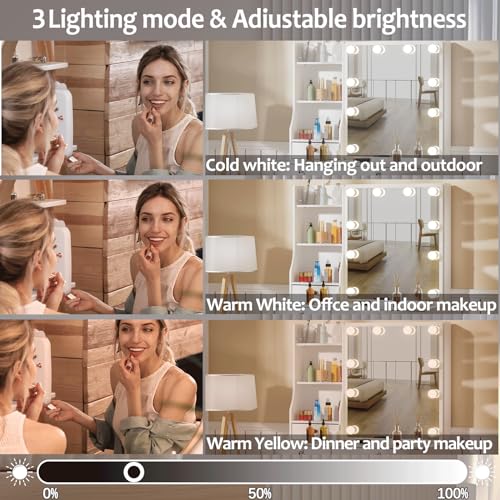 Vanity Desk with Mirror with Lights and Large Drawers, 3 Color Modes Dimmer Switch 10 Light Bulbs Makeup Vanity Set with Cushioned Stool for Girls, Women. White