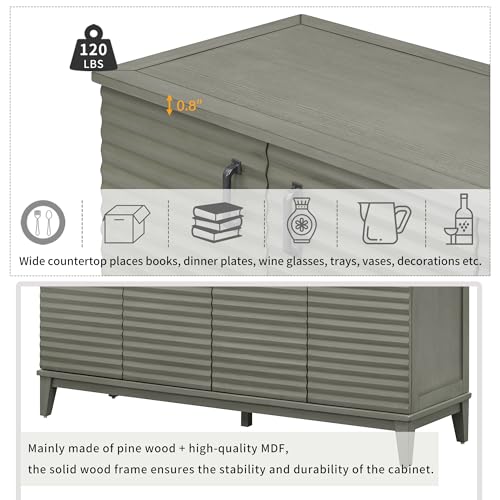Retro Style Sideboard with 4 Door, Large Storage Buffet with Adjustable Shelves and Metal Handles, Wooden Accent Storage Cabinet for Kitchen, Living Room, Dining Room (Antique Gray-010)