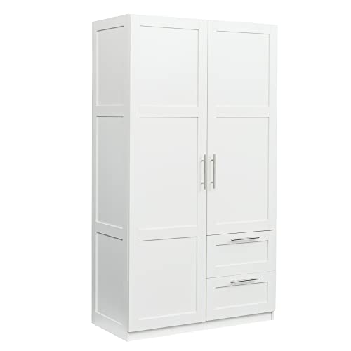 Kitchen Pantry Storage Cabinet, Tall Cabinet with 2 Doors and 2 Drawers, Freestanding Cupboard with Adjustable Shelves, Utility Pantry for Kitchen, Dining Room (White)