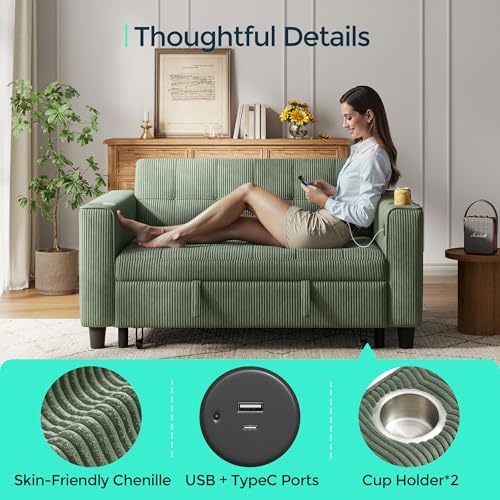 LINSY 3-in-1 Convertible Sofa Bed, 54" Pull Out Sleeper Sofa with Charging Station & Cup Holder, Small Folding Loveseat with Side Pocket for Small Space, Corduroy Couch, Green