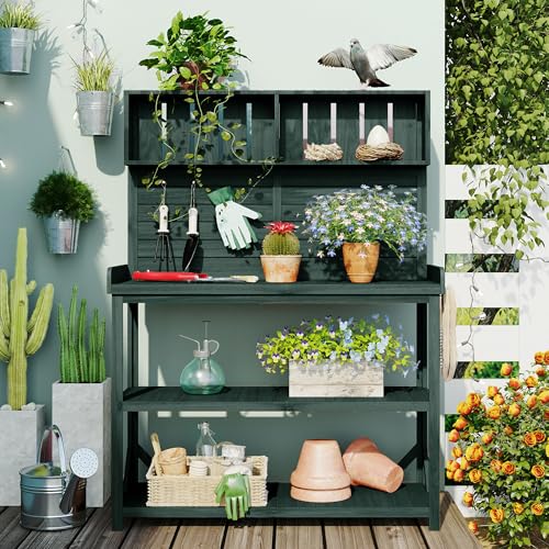 Outdoor Wooden Potting Bench Table – Farmhouse Garden Workstation with Drawers, Cabinet & Storage Shelves, Large Fir Wood Work Table for Patio, Backyard, Mudroom, Greenhouse (Light Brown, 66''H)