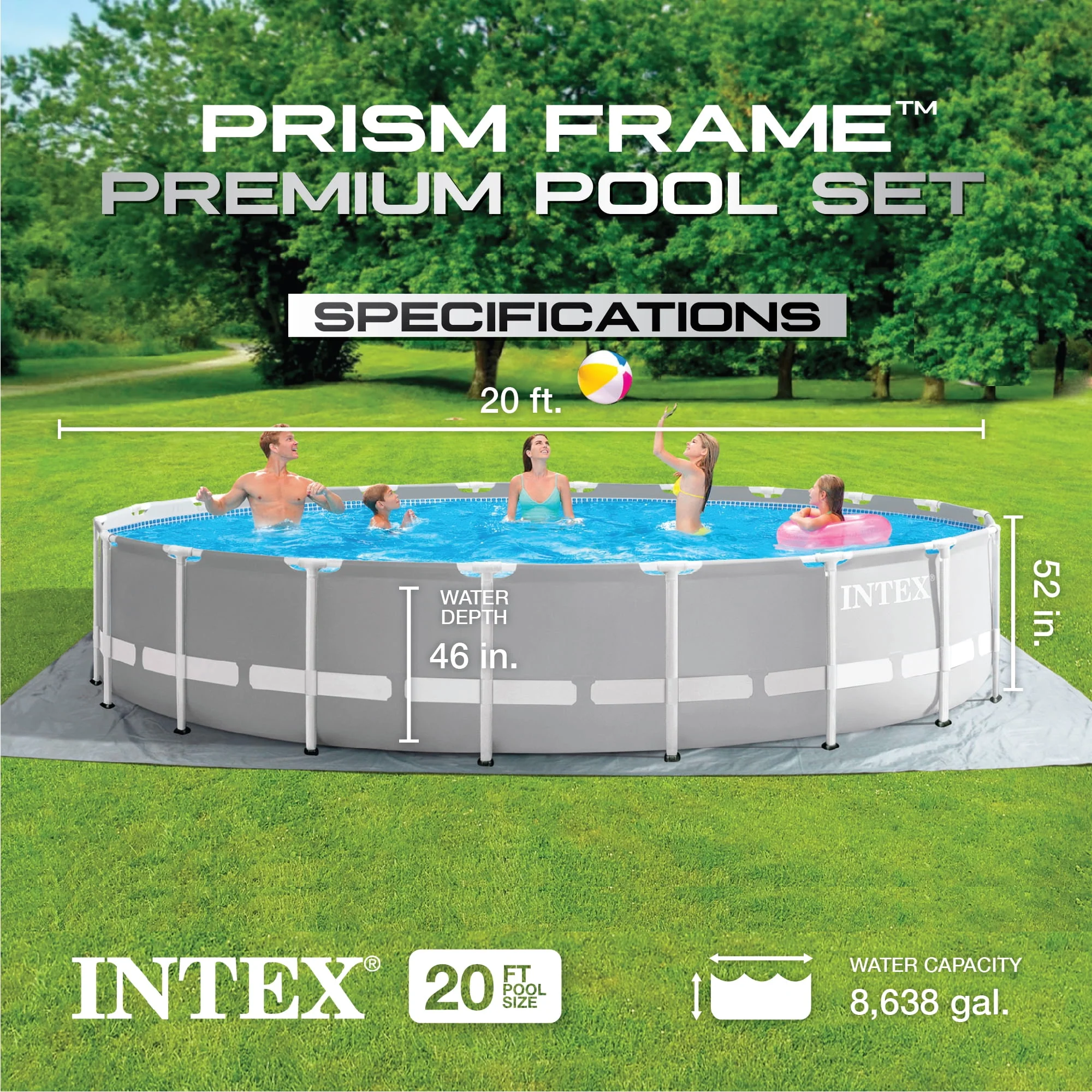 Intex 20ft x 52in Prism Frame Above Ground Swimming Pool Set with Filter Pump
