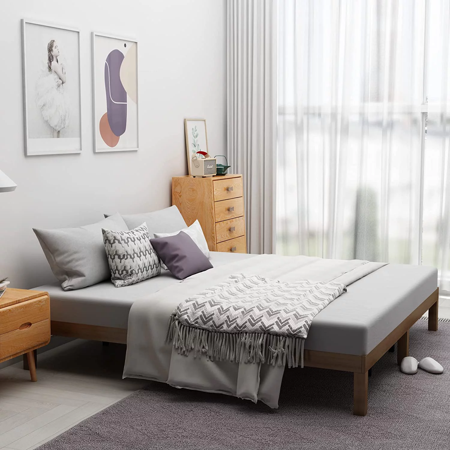 AngLink Queen Size Wood Platform Bedframe - No Headboard Bed Frame with 10 Legs Support, No Box Spring Needed, Strong Wood Slat Support, Easy Assembly丨Natural