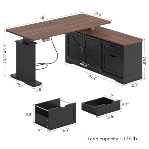 SEDETA Farmhouse L Shaped Standing Desk, 55 inch Height Adjustable Corner Desk with Storage Drawers, Standing Computer Desks with Power Outlets for Home Office, Black