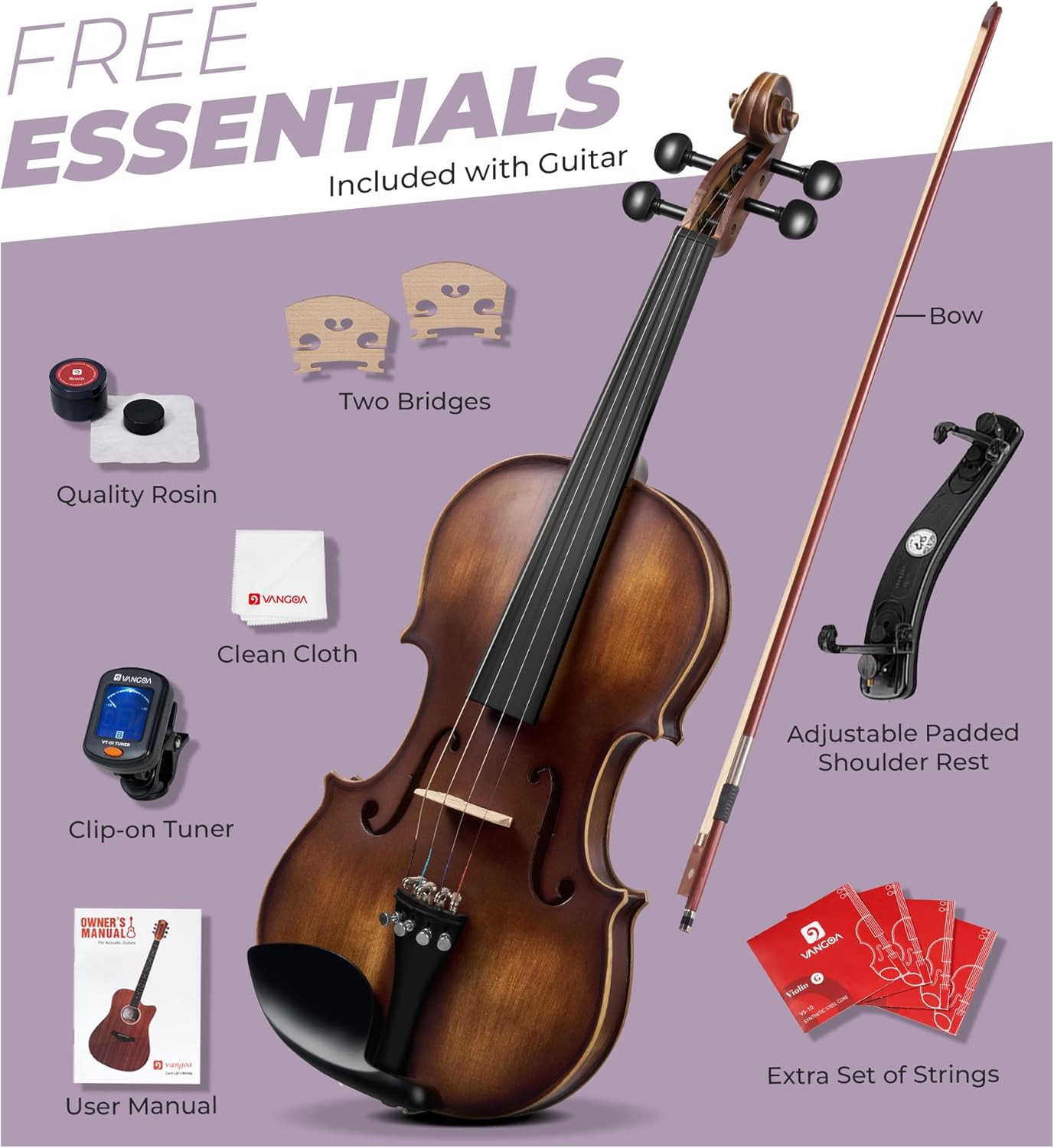 Vangoa Solid Wood Violin 4/4 Full Size Set Fiddle Handmade Varnish, Handcrafted Hardwood Starter Acoustic Violins Kit with Lightweight Hard Case for Beginners, Students, Teens, Adults, Right Handed
