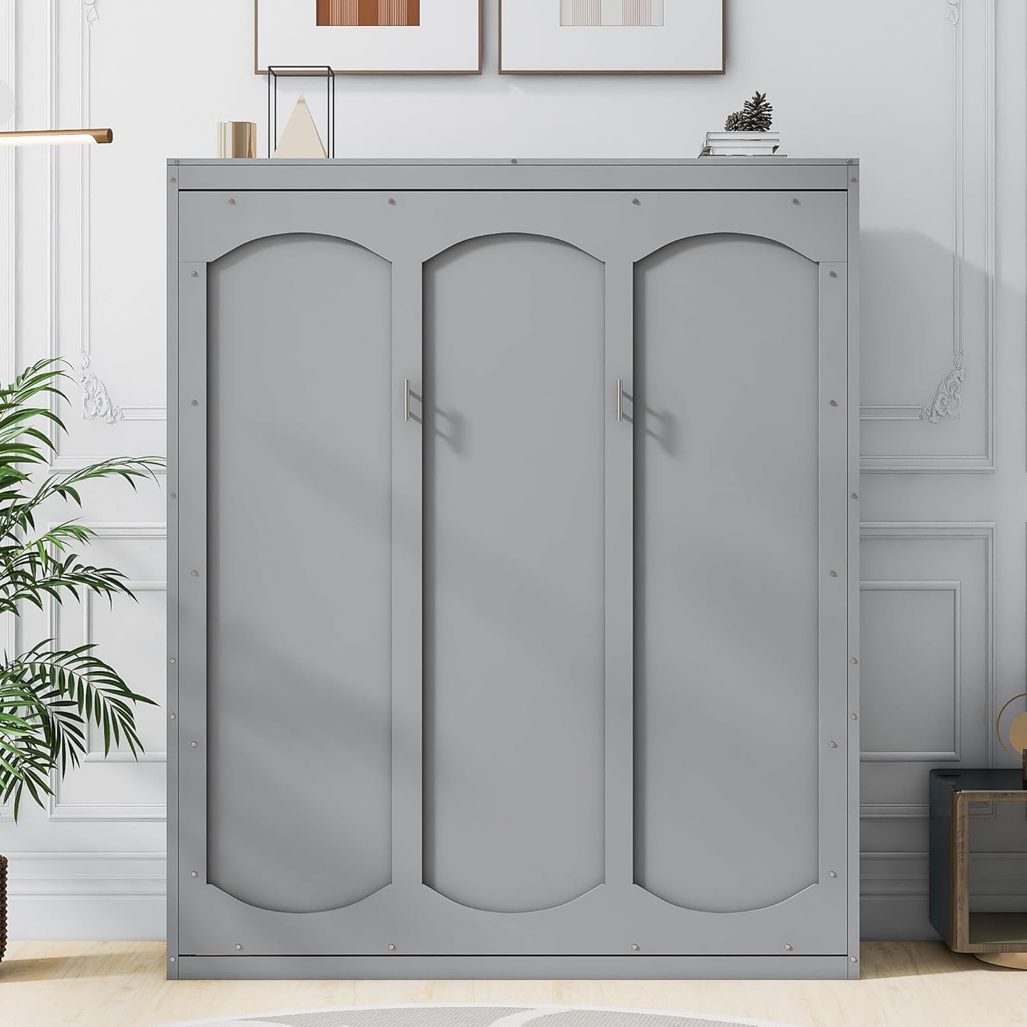 Queen Size Murphy Bed with Shelves, Easy Fold Wood Wall Bed, Space-Saving Murphy Bed Cabinet Queen for Guest Room Home Office,Grey