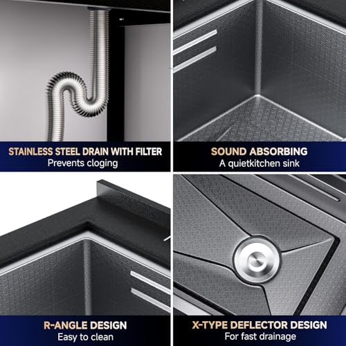 Stainless Steel Utility Sink,24" FreeStanding Laundry&Utility Room Sinks with Cold and Hot Water Faucet,Hoses and Drain Kit Commercial Single Bowl,Laundry Sink for Kitchens, Garage (24x18x36 Black)