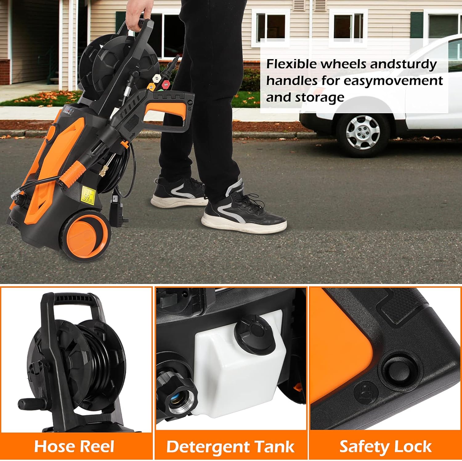 Electric Pressure Washer, Max. 3600PSI 2.4GPM 2000W Power Washer Pressure Washer with Hose Reel Spray Gun 5 Nozzle Adapter, and Foam Cannon, for Cleaning Cars/Fences/Patio