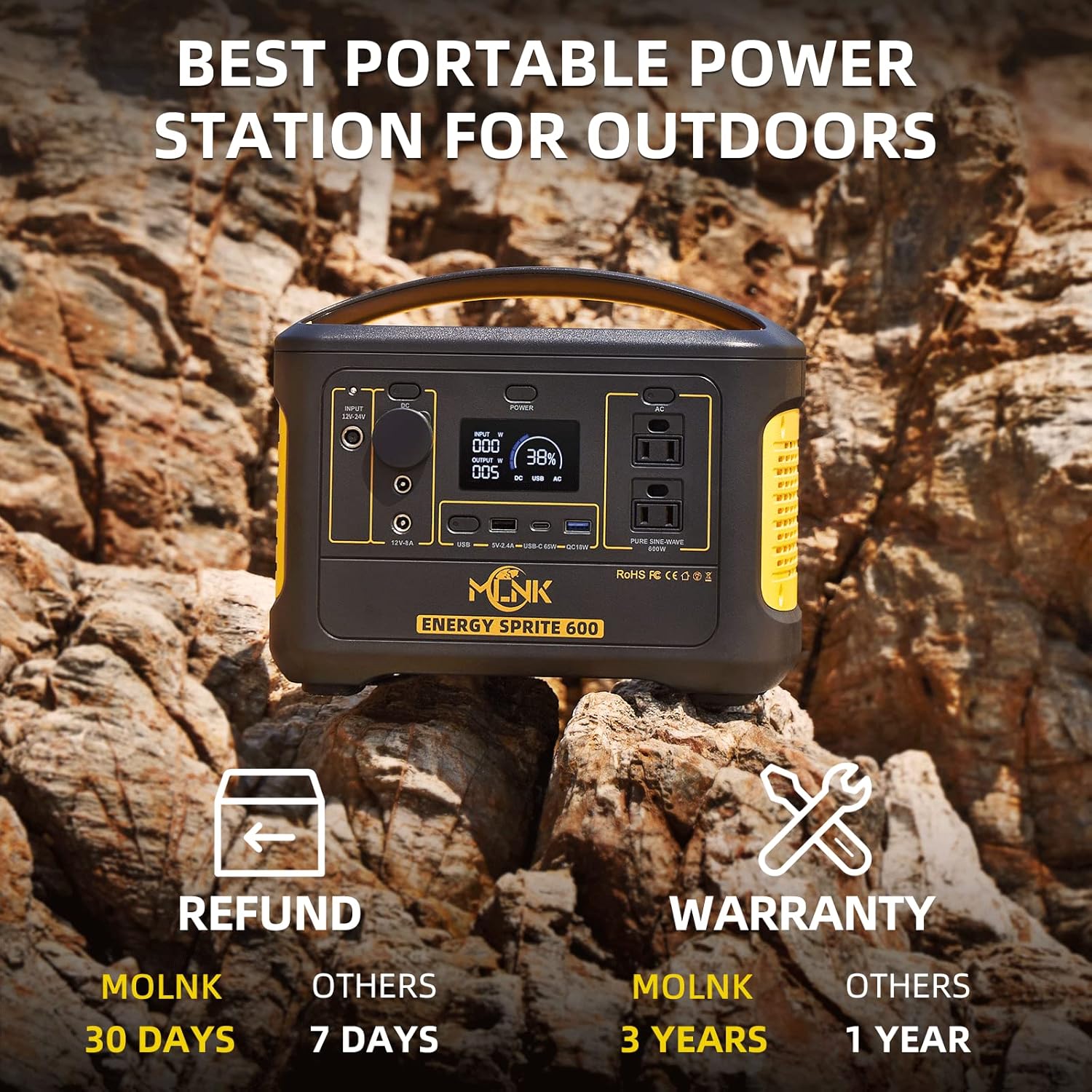 Portable Power Station 600W, ENERGY SPRITE 600, 540Wh Mobile Lithium Battery Pack with 2 x 600W AC Outlets & 3 x DC Outputs & 1 x USB-C PD 65W &1 x USB FAST Charge & LED Flashlight, Solar Generator for outdoor camping, RV, Emergency