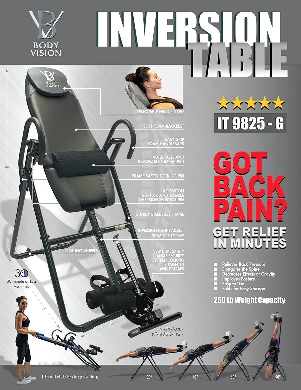 Body Vision IT9825 Premium Inversion Table with Removable Head Pillow & Lumbar Support Pad, - Heavy Duty - up to 250 lbs., Gray
