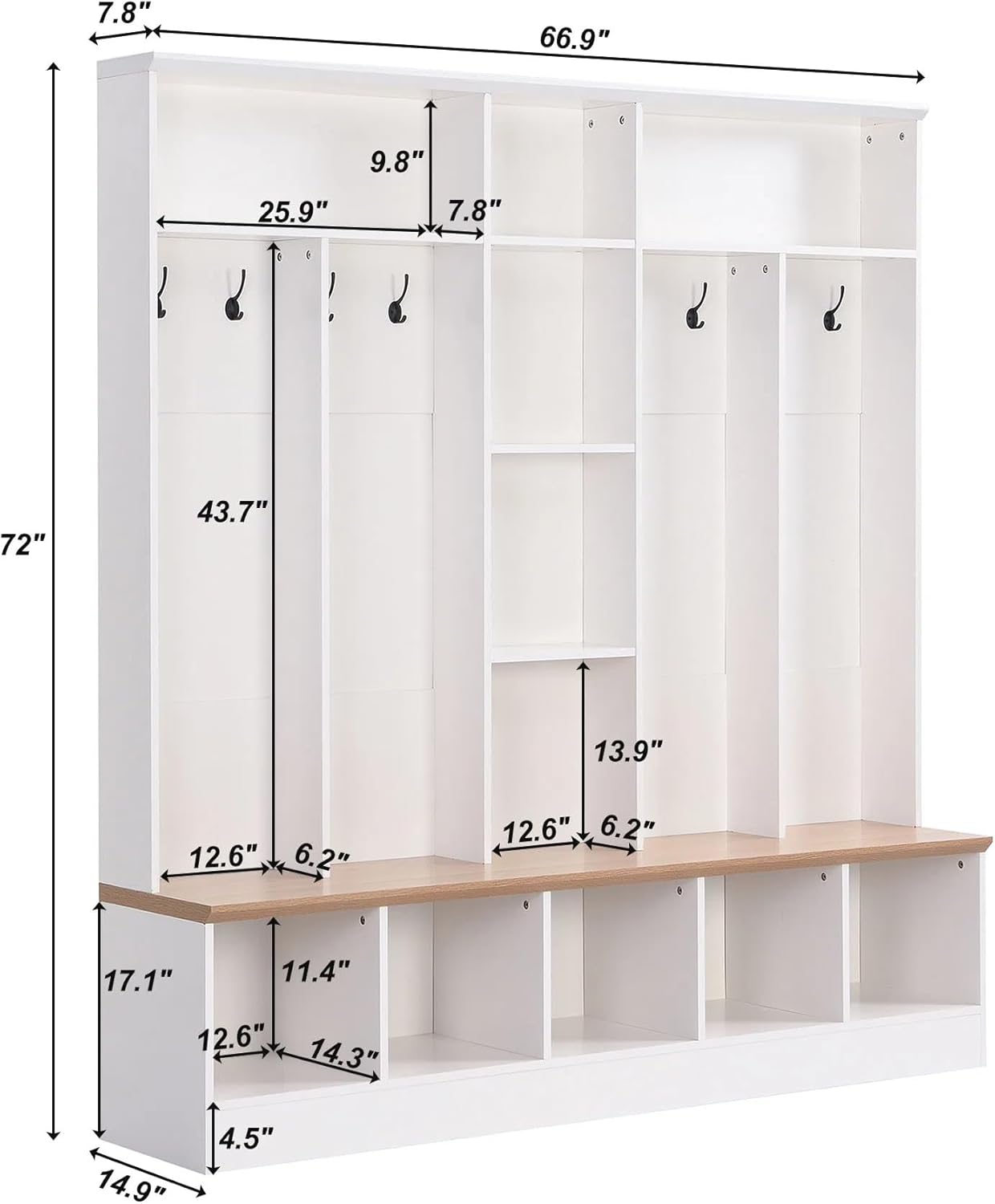 Multifunctional Coat Rack with 8 Hooks for Entryways, Wide Design Hall Tree with Storage Bench, Minimalist Shoe Cabinet with Cube Storage & Shelves, Mudroom, White