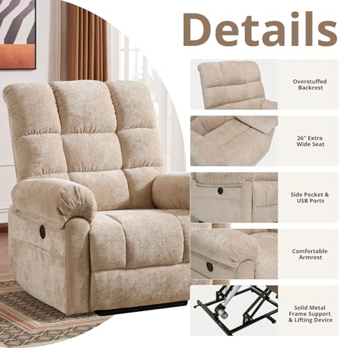 Oversized Power Lift Recliner Chair for Elderly, Extra Wide Lift Chair with Masssage and Heat, Chenille Electric Recliner Chairs for Big and Tall, USB Ports, Coffee