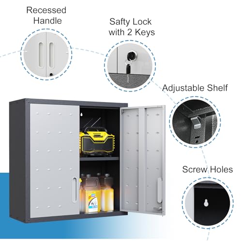 Garage Storage Cabinet Wall Cabinet with 2 Doors,Lockable Tool Cabinets Wall Mounted with Adjustale Shelves,Heavy Duty Steel Hanging Cabinets for Warehouse Kitchen Laundry,Assembly Required