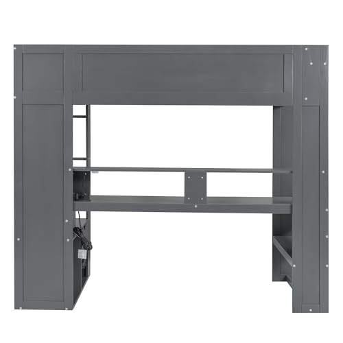 Wood Twin Size Gaming Loft Bed with Desk, Multi-Storage Shelves, LED and Charging Station，Suit High Loft Bed Frame with Bookshelf for Kids Teens Adults, (Dark Gray)