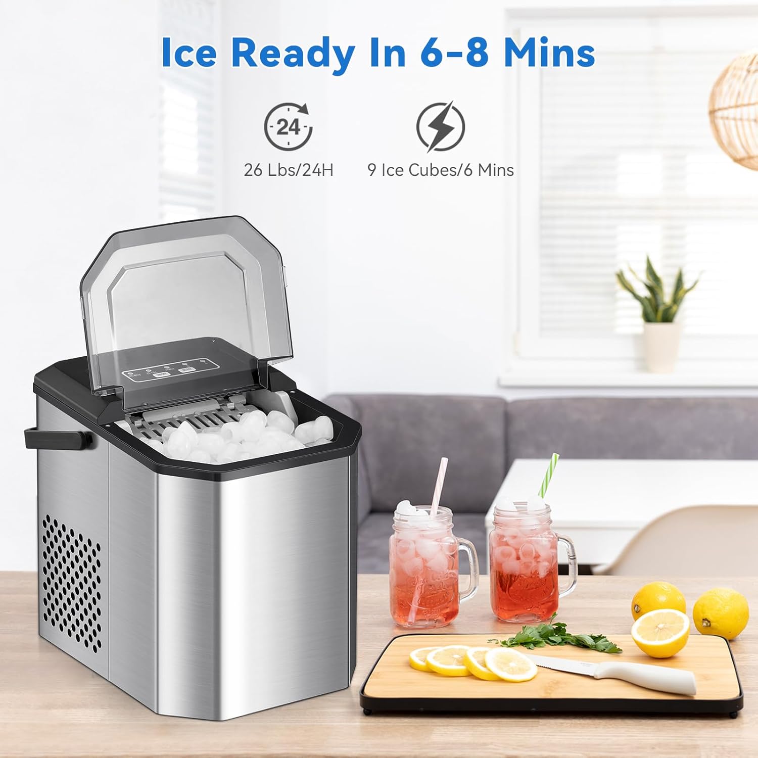 Countertop Ice Maker, 26 lbs in 24 Hrs, 9 Cubes Ready in 6 Mins with Ice Scoop and Basket, Portable Ice Cube Maker Self-Cleaning, 2 Sizes of Bullet Ice for Home Kitchen Office Bar Party