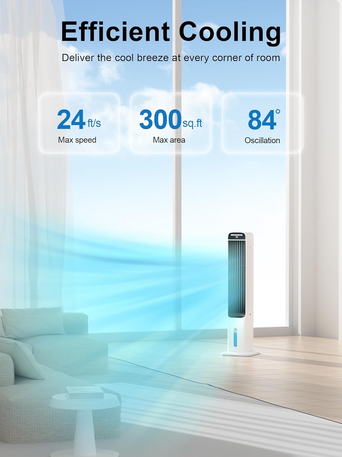MEPTY Evaporative Air Cooler, Cooling Fans that Blow Cold Air with 84°Oscillation, 12H Timer, 3speeds&Modes, Air Cooler with Remote Control, Swamp Cooler Like Tower Fan for Bedroom, Office, Kitchen