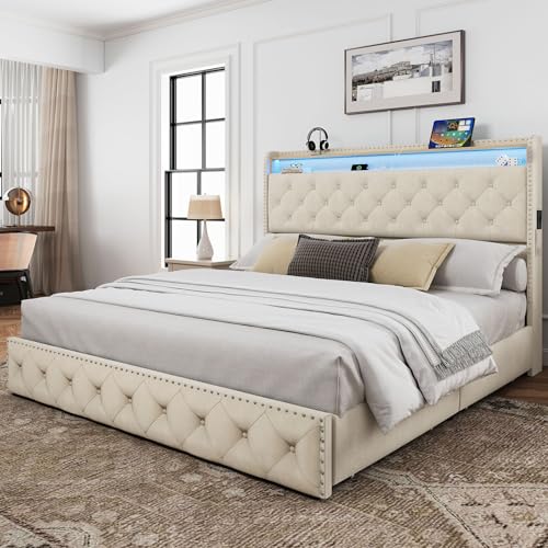 King Size Bed Frame with LED lights & USB Charging Station, Velvet Upholstered Platform Bed with Storage Headboard and 4 Drawers, No Box Spring Needed, Easy Assembly, Beige
