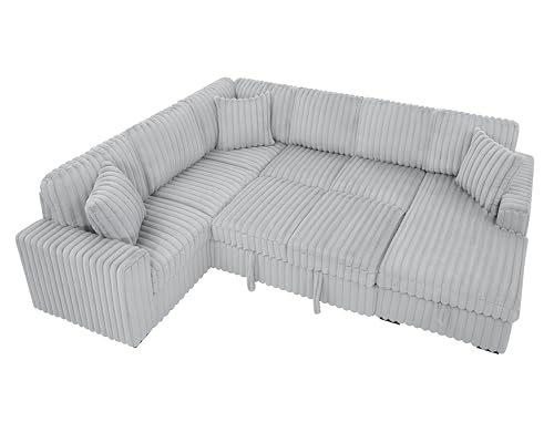 roomfitters 122 Inch Pull Out Couch, Rabbit Plush Fabric Sofa Bed with USB Ports & Comfy Upholstered, Oversized U Shape Sectional Sleeper Sofa Bed with Storage Chaise, Khaki