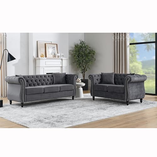 80" Grey Velvet Chesterfield Sofa for Living Room,2 Pcs 3 Seater Sofa Button Tufted Nailhead Trimming Curved Backrest Rolled Arms with Silver Metal Legs with 4 Pillows