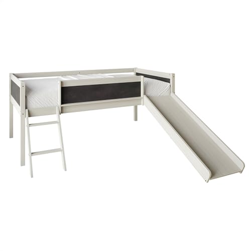 Low Loft Bed with Slide, Climbing Ladder, Chalkboard, Wood Twin Loft Bed Frame with Guardrail for Kids Toddler Boys Girls, Antique Gray