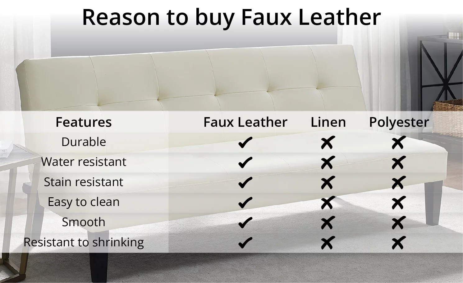 Modern Tufted Convertible Futon Sofa Bed, Folding Sofa Couch with Wooden Legs, Reclining Small Couch, Durable and Sturdy Futon Sofa, Faux Leather, Black
