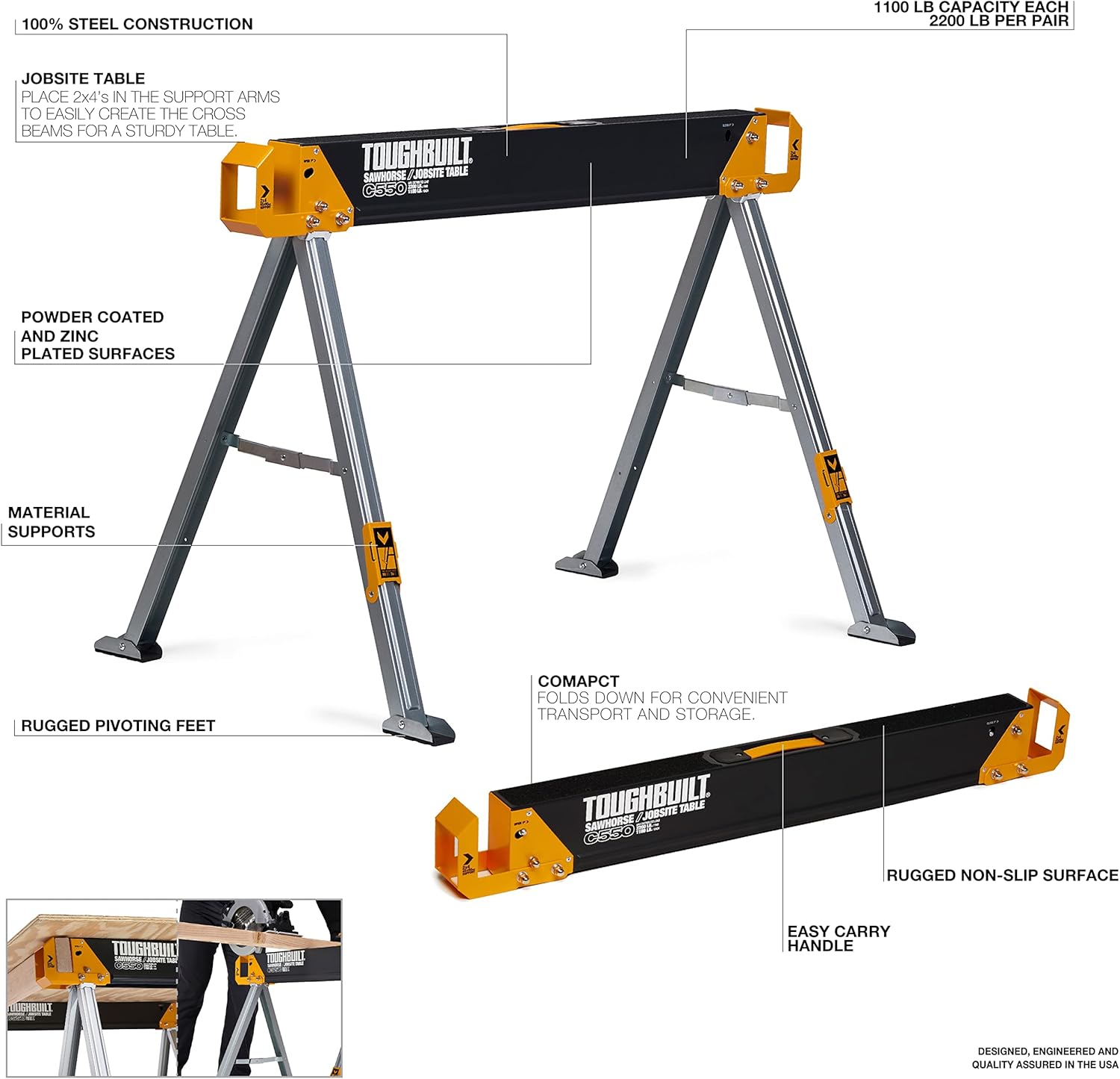 ToughBuilt - Folding Sawhorse/Jobsite Table - Sturdy, Durable, Lightweight, Heavy-Duty, 100% High Grade Steel, 41.5-Inch Easy Carry Handle - (TB-C550)