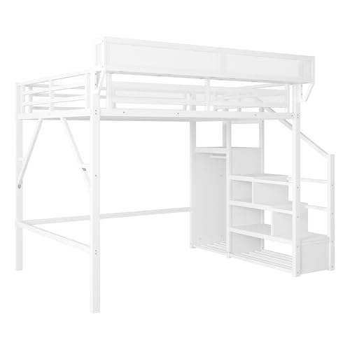 Full Size Loft Bed with Stairs and Storage, Metal Loft Bed Frame with Bedside Shelf and Large Under-Bed Space, Heavy-Duty Bed for Adults Teens and Kids, Black