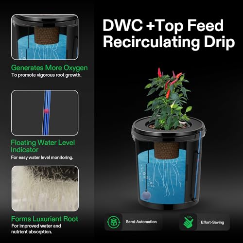 VIVOSUN DWC Hydroponics Grow System with Top Drip Kit, 5-Gallon Deep Water Culture, Recirculating Drip Garden System with Multi-Purpose Air Hose, Air Pump, and Air Stone (4 Buckets + Top Drip Kit)