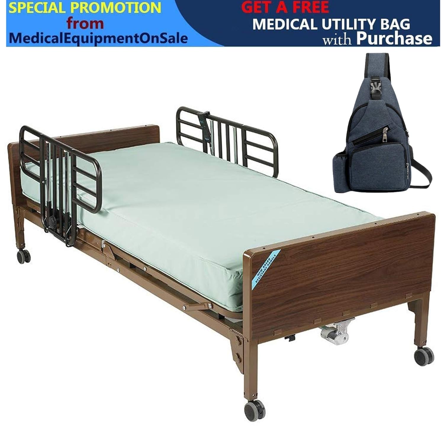 Drive Delta Ultra Light Full Electric Hospital Bed with Half Rails and 80" Innerspring Mattress & Free Medical Utility Navy Blue Bag!