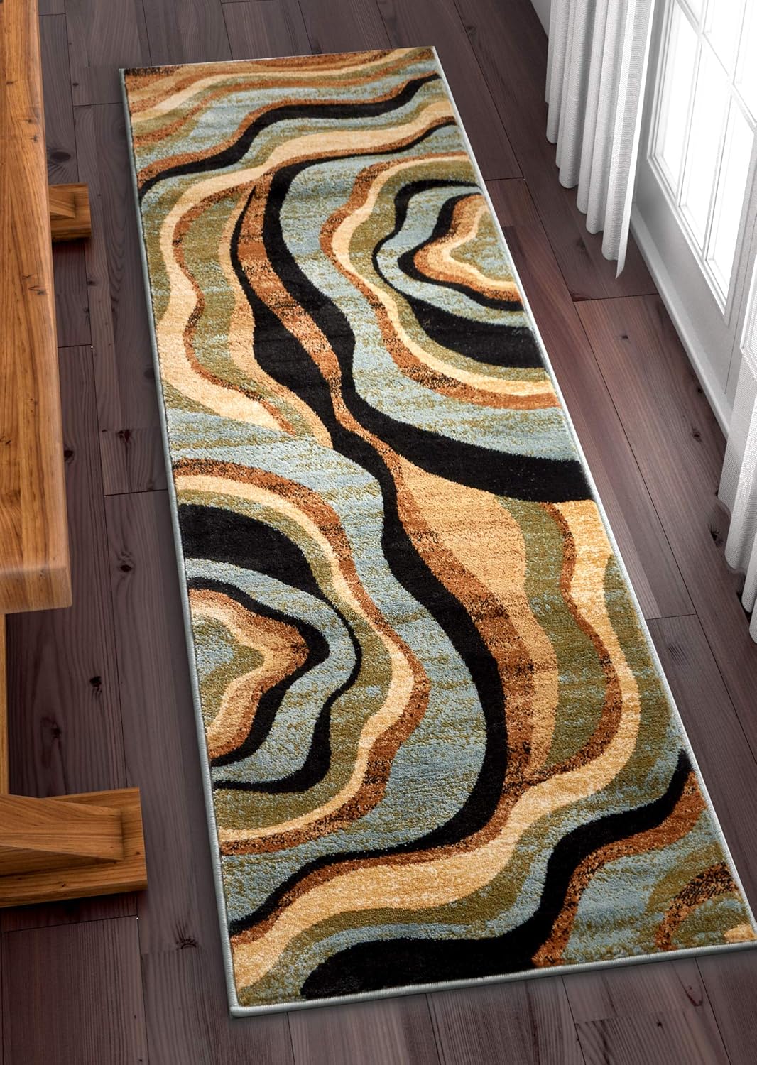 Hudson Waves Blue Brown Geometric Modern Casual Area Rug 8x10 8x11 ( 7'10" x 9'10" ) Easy to Clean Stain Fade Resistant Shed Free Abstract Contemporary Natural Lines Multi Soft Living Dining Room Rug