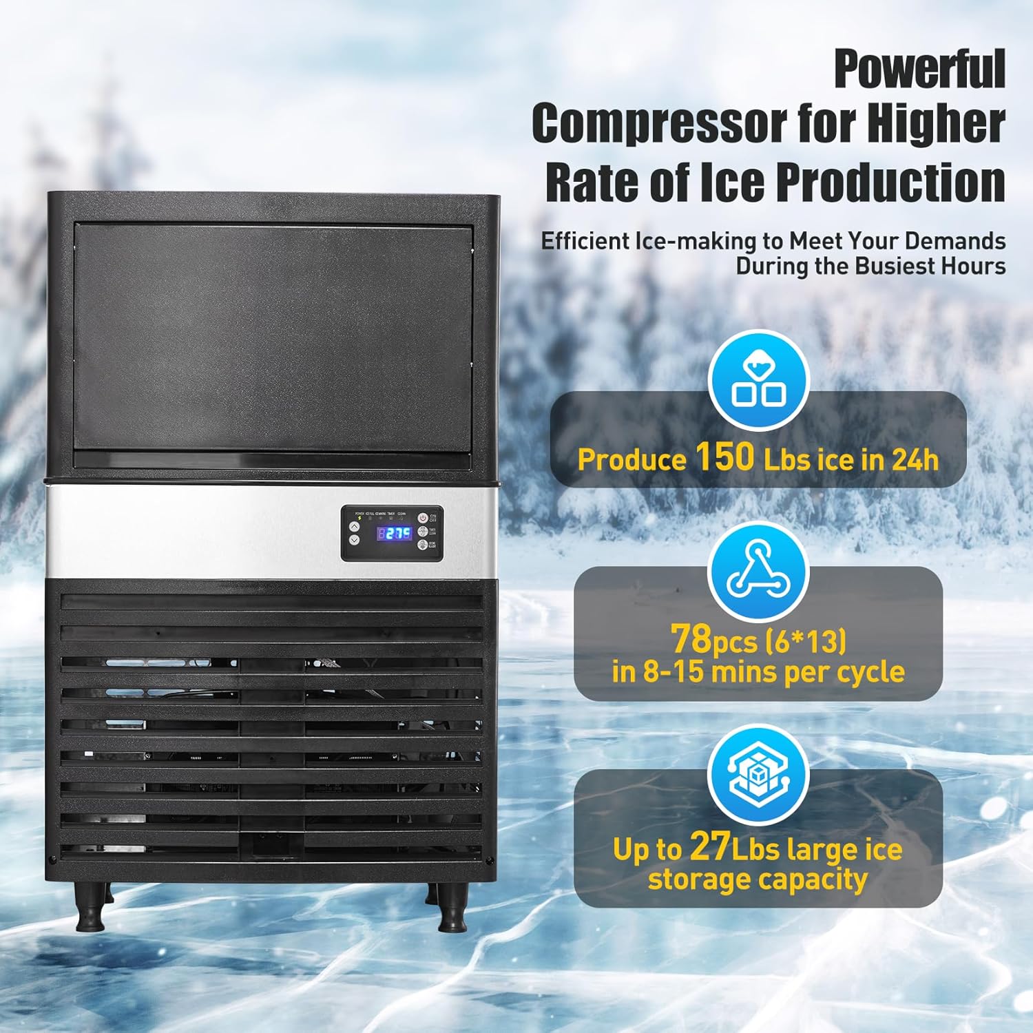 150lbs/24h Commercial Ice Maker with 27lbs Storage Bin, Stainless Steel Under Counter/Freestanding Industrial Ice Machines for Home Restaurant Bar Cafe Office