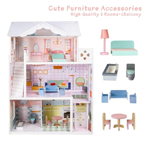 Large Wooden Dollhouse with Working Elevator & Balcony - 3 Stories 6 Rooms Doll House Playset with Furniture Accessories, Creative Toy Gift for Girls 3+, White