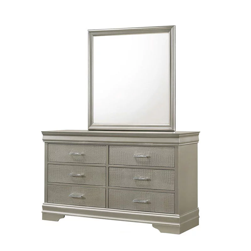 6Pc Silver Finish King Size Panel Upholstered Bed Dresser Mirror Nightstand Chest Set Wooden Bedroom Furniture