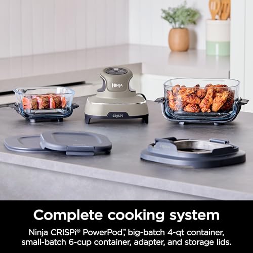 Ninja Crispi Air Fryer, Microwave, Freezer & Dishwasher Safe, Non Toxic Glass Portable Cooking System, 4 QT & 6 Cup Glass Containers with Storage Lids, Easy Meals, Air Fry, Bake, Green, FN101SG