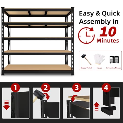 5 Tier Garage Storage Shelves - 32" W x 16" D x 63" H Adjustable Heavy Duty Metal Shelving Unit, Garage Shelving Utility Storage Rack for Basement, Pantry, Kitchen, Black, 2 PCS