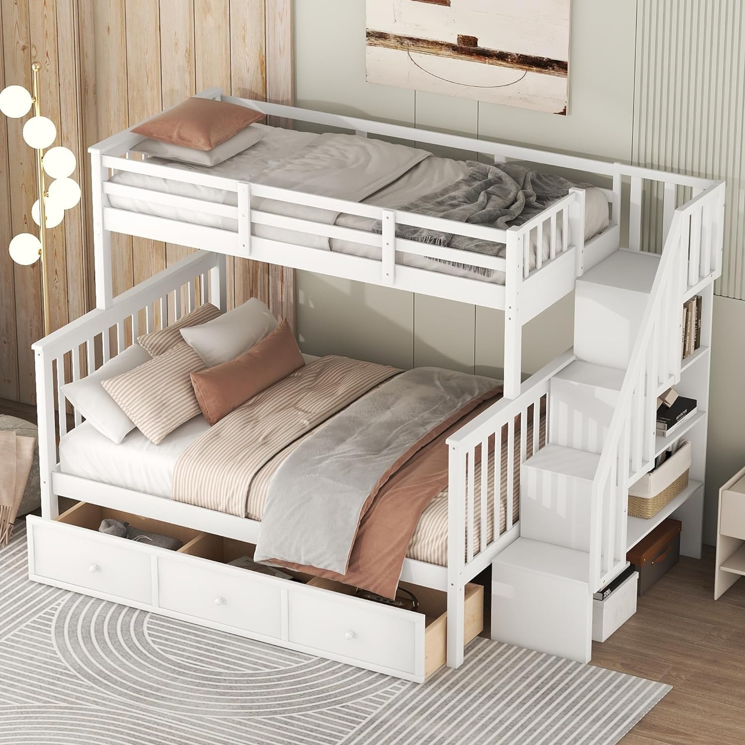 Over Full Bunk Bed With Stairs, Solid Wood Stairway Bunk Bed With Storage Drawers For Kids Teens Adults, Bedroom, Dorm (White)