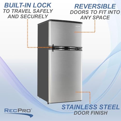 RecPro RV Refrigerator Stainless Steel | 12V | 2 Door Fridge | Frost Free Design | Reversible Doors | 4.4 Cubic Feet