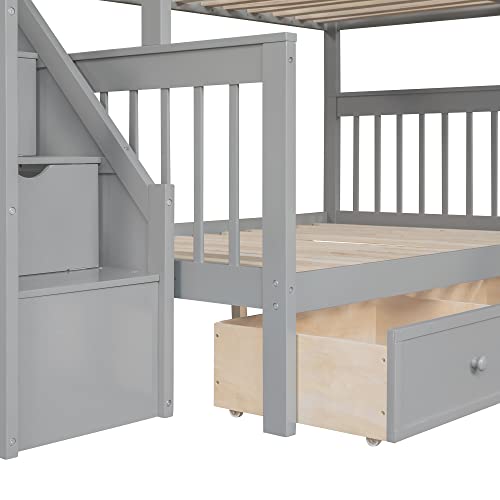 Twin Over Full L-Shaped Wooden Bunk Bed with Storage Drawers, Ladder and Staircase, Triple Bunk Bed Frame for 3 Kids Teens Adults, Gray