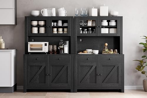 Kitchen Pantry Cabinet with Microwave Stand, Freestanding Hutch Cabinet with Buffet Cupboard, Tall Kitchen Cabinets with Adjustable Shelves for Kitchen, Dining Room, White
