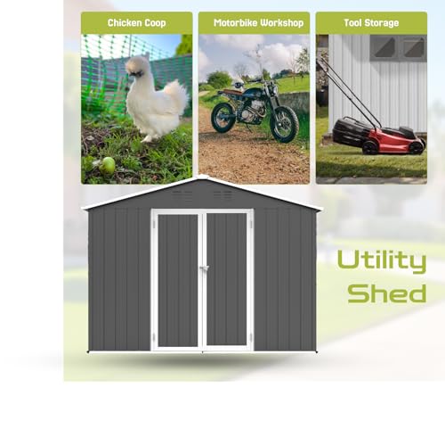 10 x 8 FT Outdoor Storage Shed, Metal Garden Tool Shed with Air Vents & Lockable Doors, Heavy-Duty Waterproof Small Bike shed Easy to Assemble for Garden, Lawn, Patio, Backyard, Grey