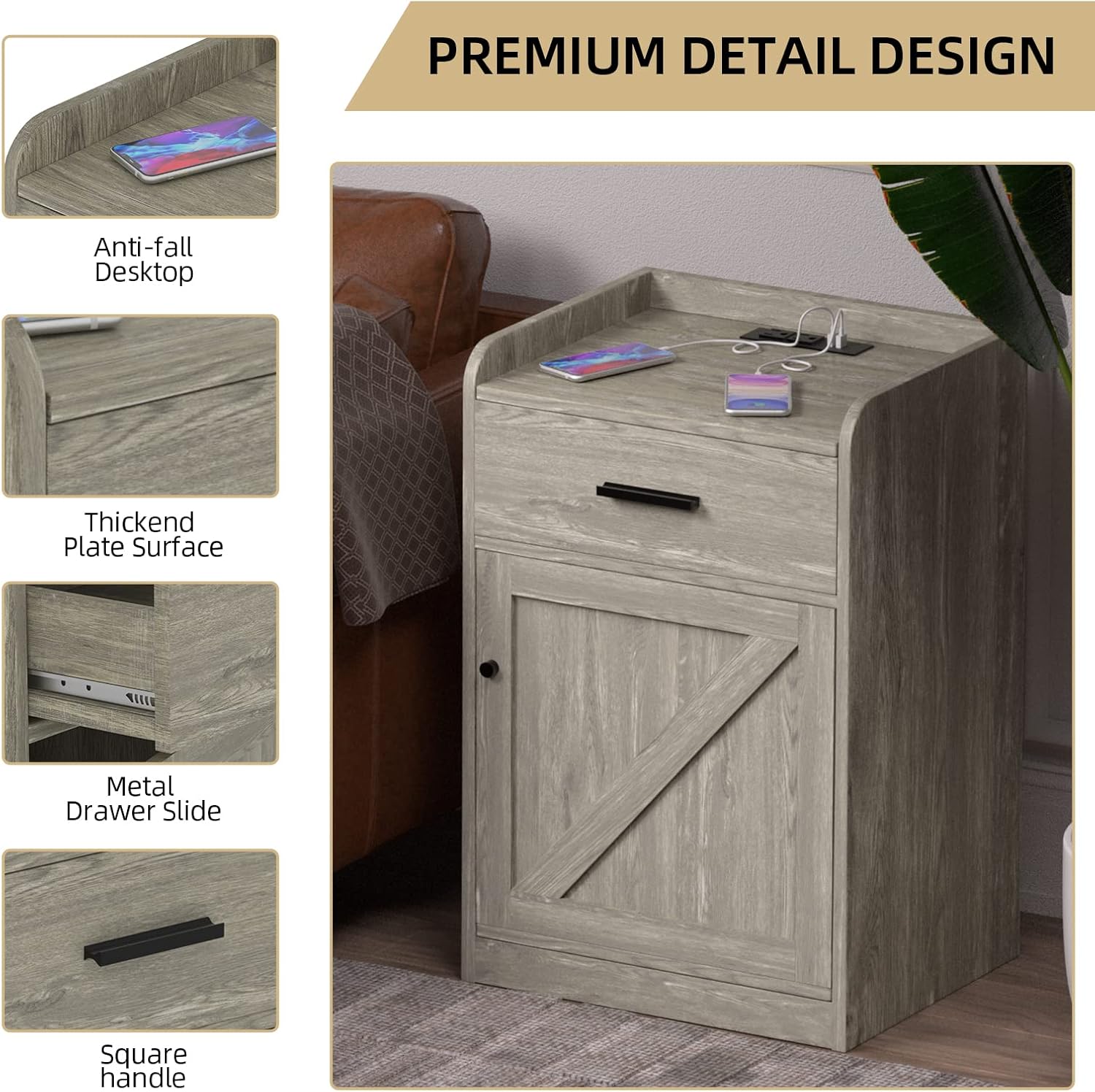 Modern Farmhouse Night Stand with Charging Station, Bed Bedside Tables Bedroom set of 2, Wood Nightstand with Storage Drawer for Bedroom Living Room Sofa Home Office-Walnut