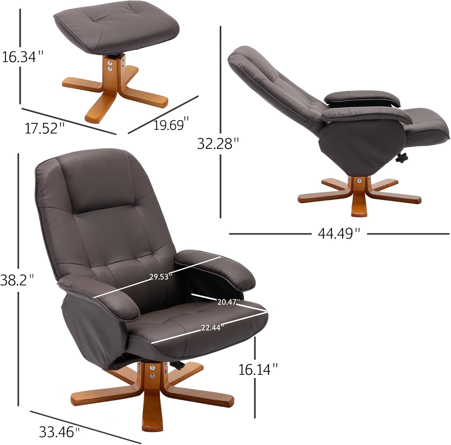 Recliner Chair with Ottoman, Swivel Recliner Chair with Wood Base for Livingroom, Bedroom, Faux Leather Beige,Brown
