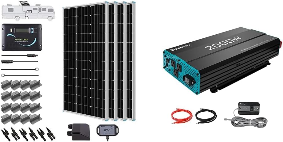Renogy 400 Watts 12 Volts Monocrystalline Solar RV Kit Off-Grid Kit with Adventurer 30A PWM LCD Charge Controller+ Mounting Brackets+ Male & 2000W Pure Sine Wave Inverter 12V DC to 120V AC Converter