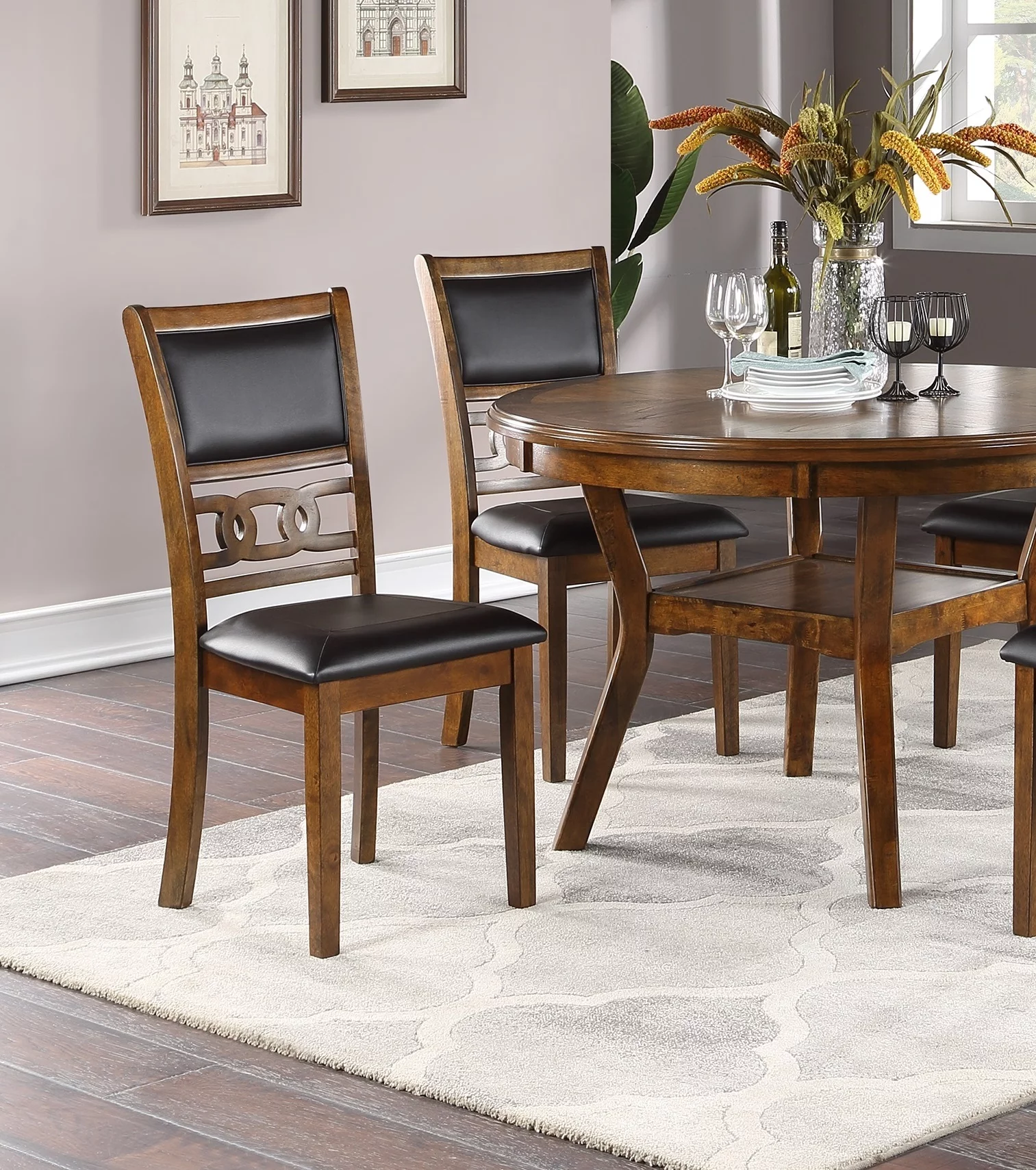 Set of 2 Chairs in Walnut Color Dining Room Furniture Dining Chairs Unique Design Rubberwood PU Foam Cushion Seat Side Chairs